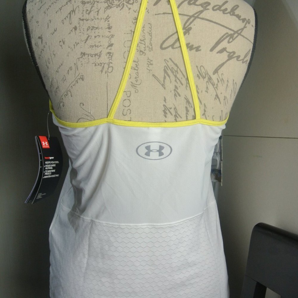NWT Under Armour Heat Gear Racerback Strappy White Tank Yellow Anti Odor Reflect